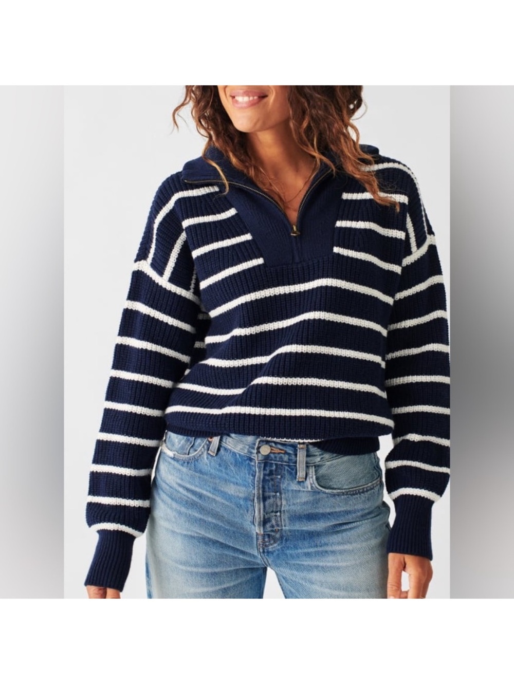 Faherty Mariner Navy and White Striped Half-Zip Turtleneck Sweater small